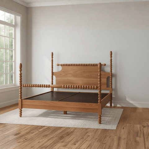 Close-up of hand-turned teak wood pillars on poster bed
