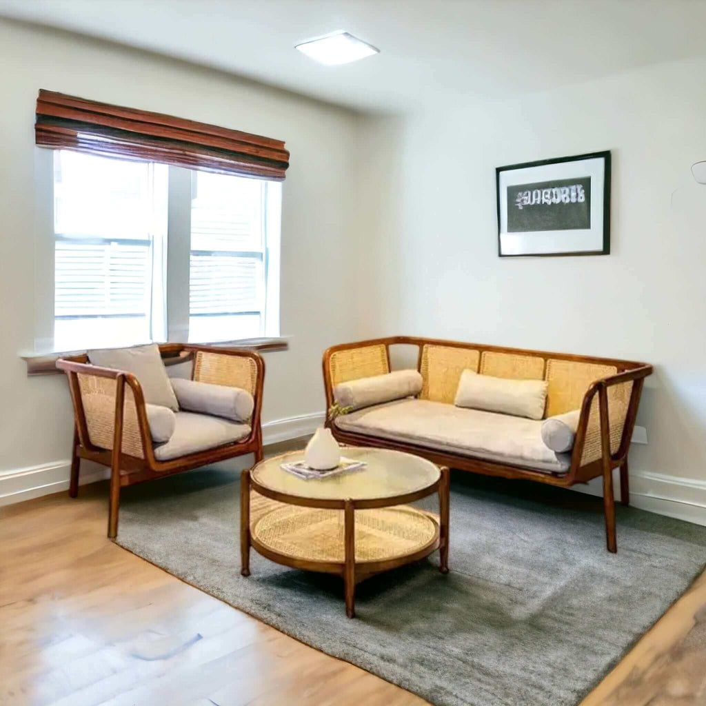 Mid - Century Chic: Flared Arm Cane Sofa Set (Shop Modern Comfort) - TimberCraft