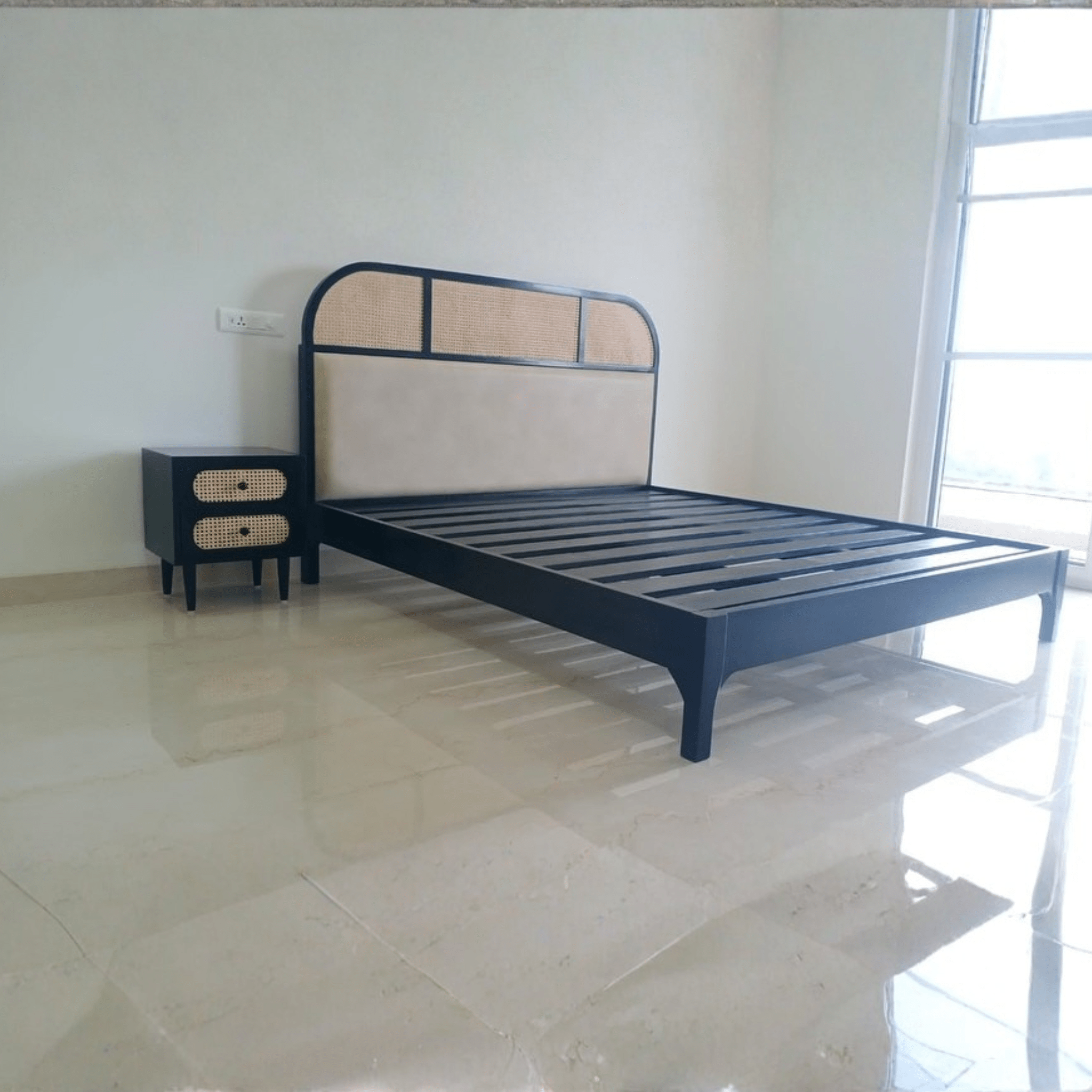 Solid teak wood bed frame with cane upholstered headboard, modern black wooden bed design