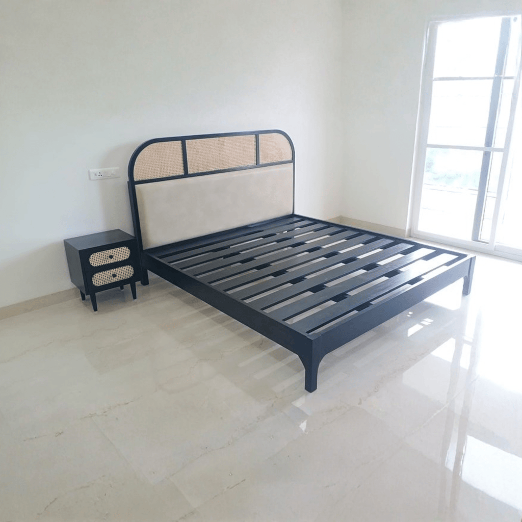 Modern black teak wood bed with cane headboard, contemporary wooden bed for master bedroom