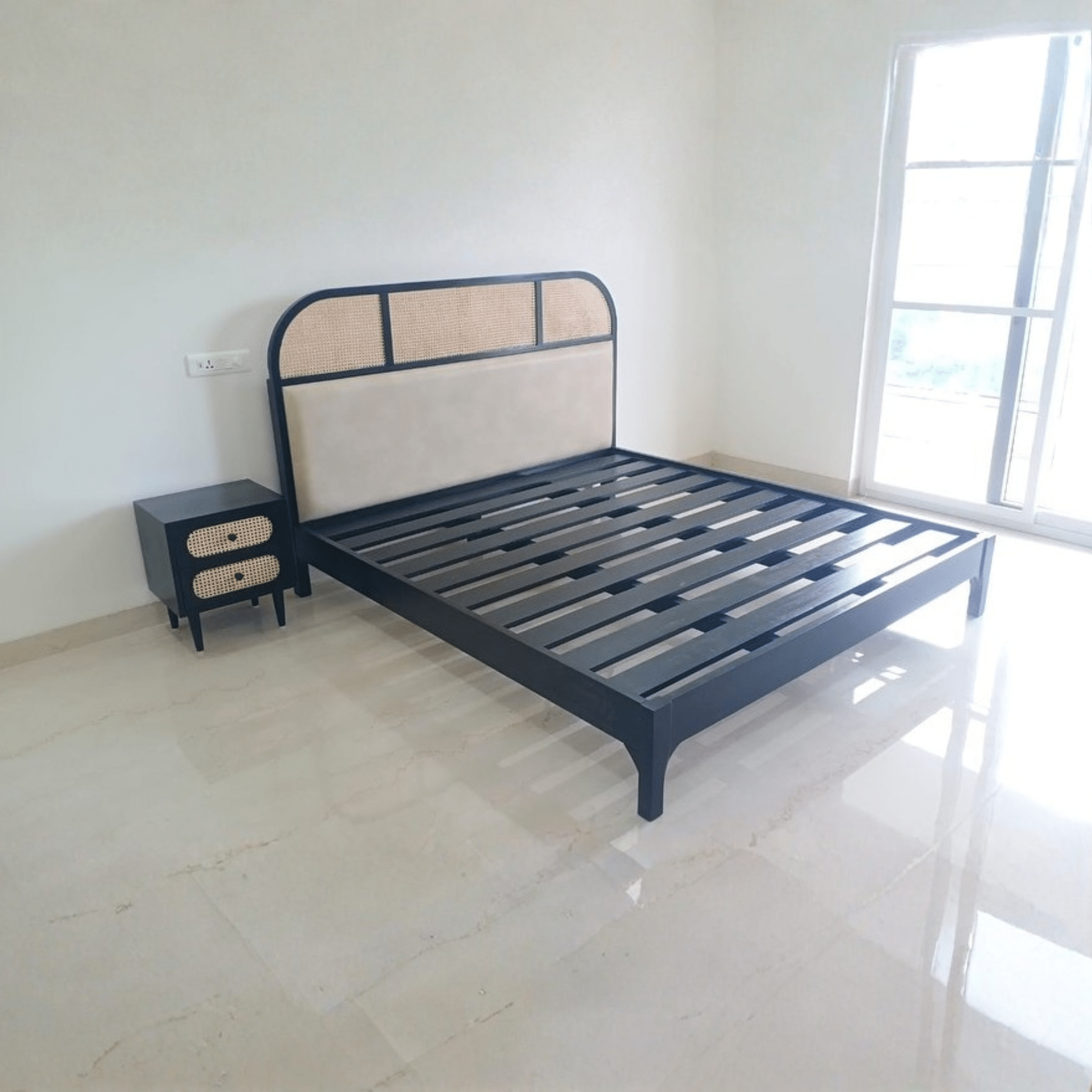 Modern black teak wood bed with cane headboard, contemporary wooden bed for master bedroom