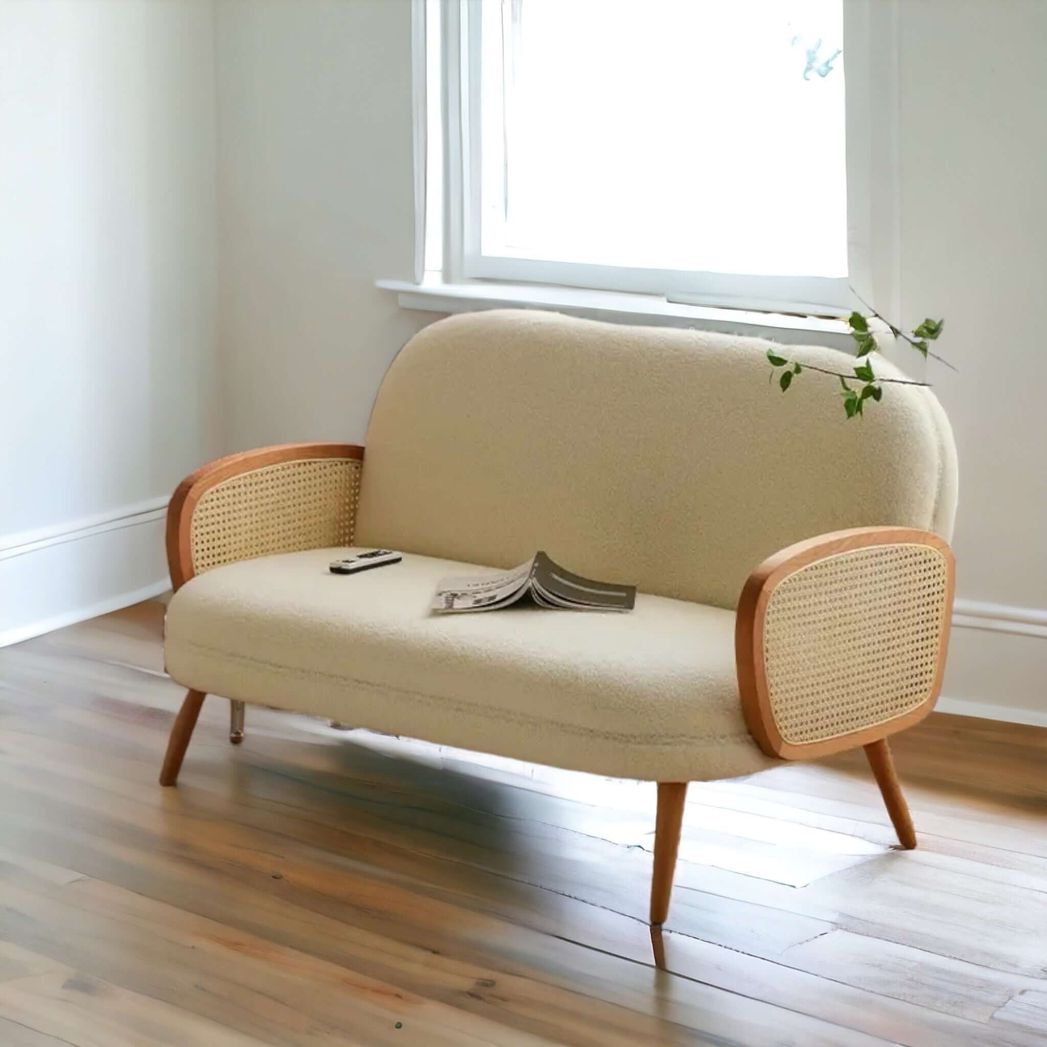 Modern Mini Sofa: Rattan Arms & Teak Frame - TimberCraft