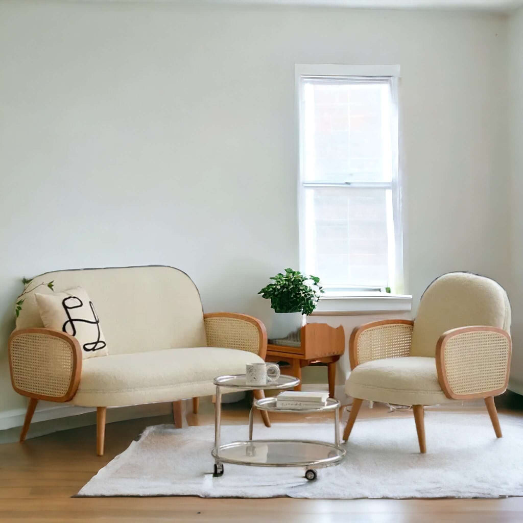 Modern Mini Sofa: Rattan Arms & Teak Frame - TimberCraft