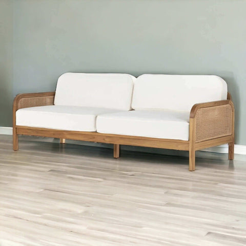 Modern Rattan Sofa: Teak Frame & Woven Panels (Shop Now) - TimberCraft