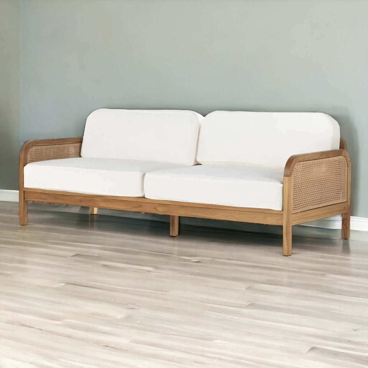 Modern Rattan Sofa: Teak Frame & Woven Panels (Shop Now) - TimberCraft