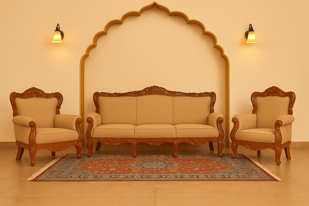 Mysore Royal teakwood 3+1+1 sofa set with hand-carved detailing