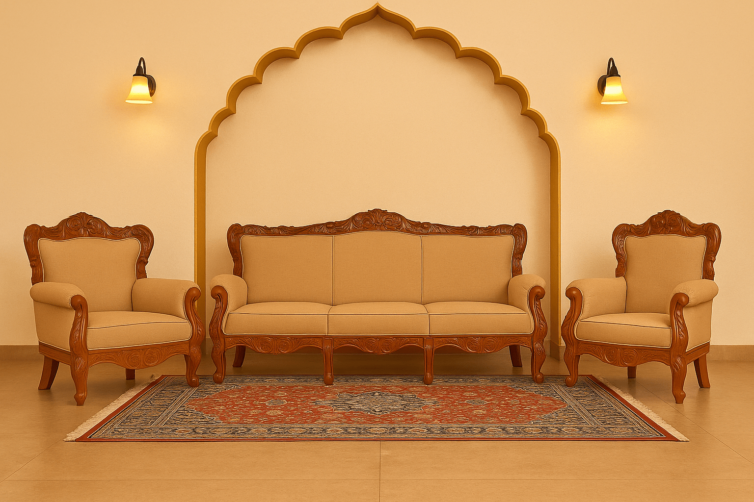 Mysore Royal teakwood 3+1+1 sofa set with hand-carved detailing
