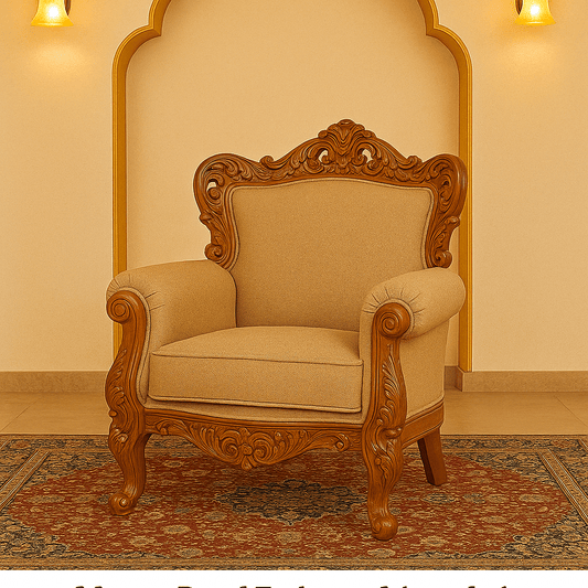 Intricately carved Mysore Royal teakwood armchair with fabric upholstery