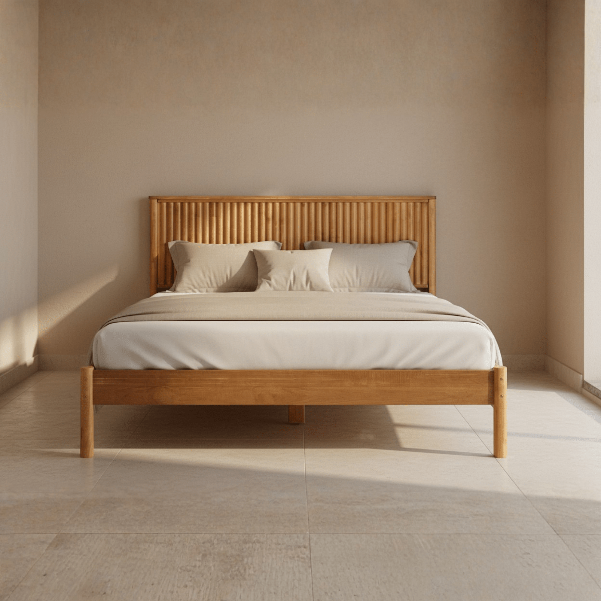 Natural teak wood bed with mattress placed, front view showing clean lines and solid wood frame