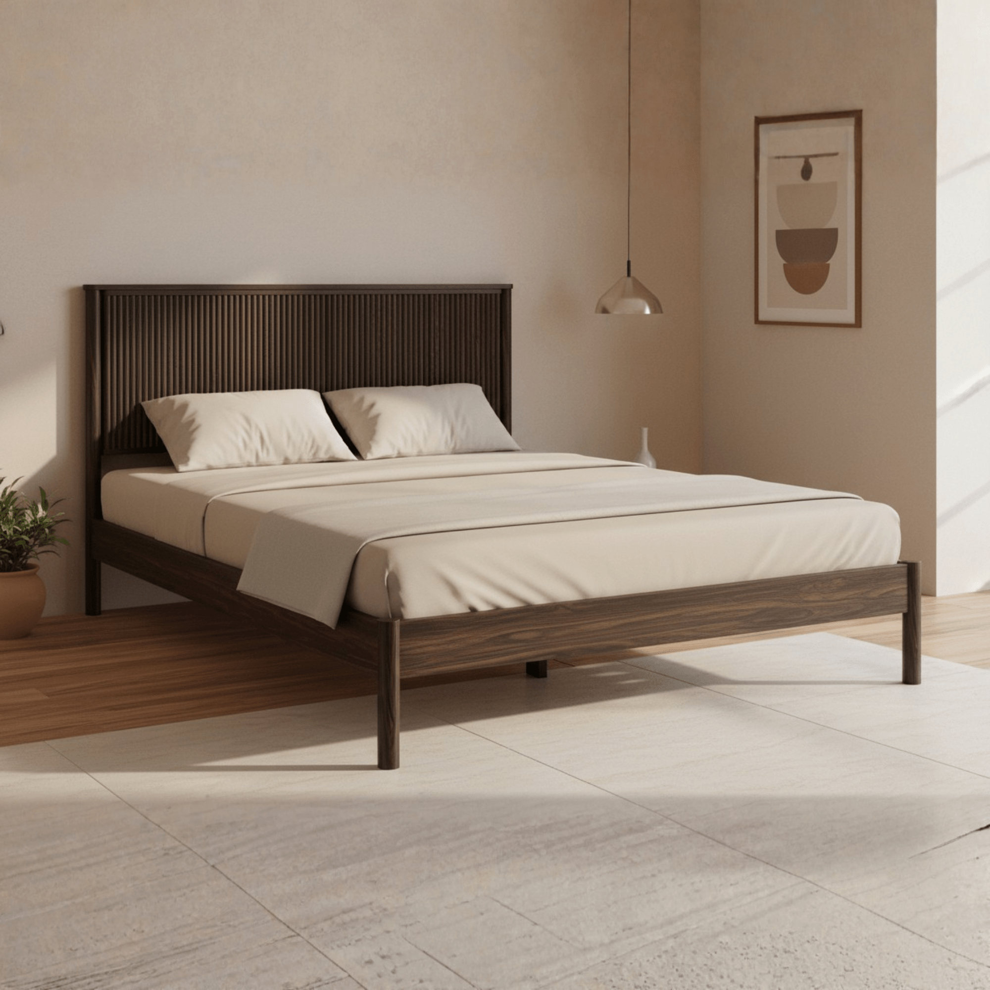 Angled view of teak wood bed in modern bedroom interior with natural finish