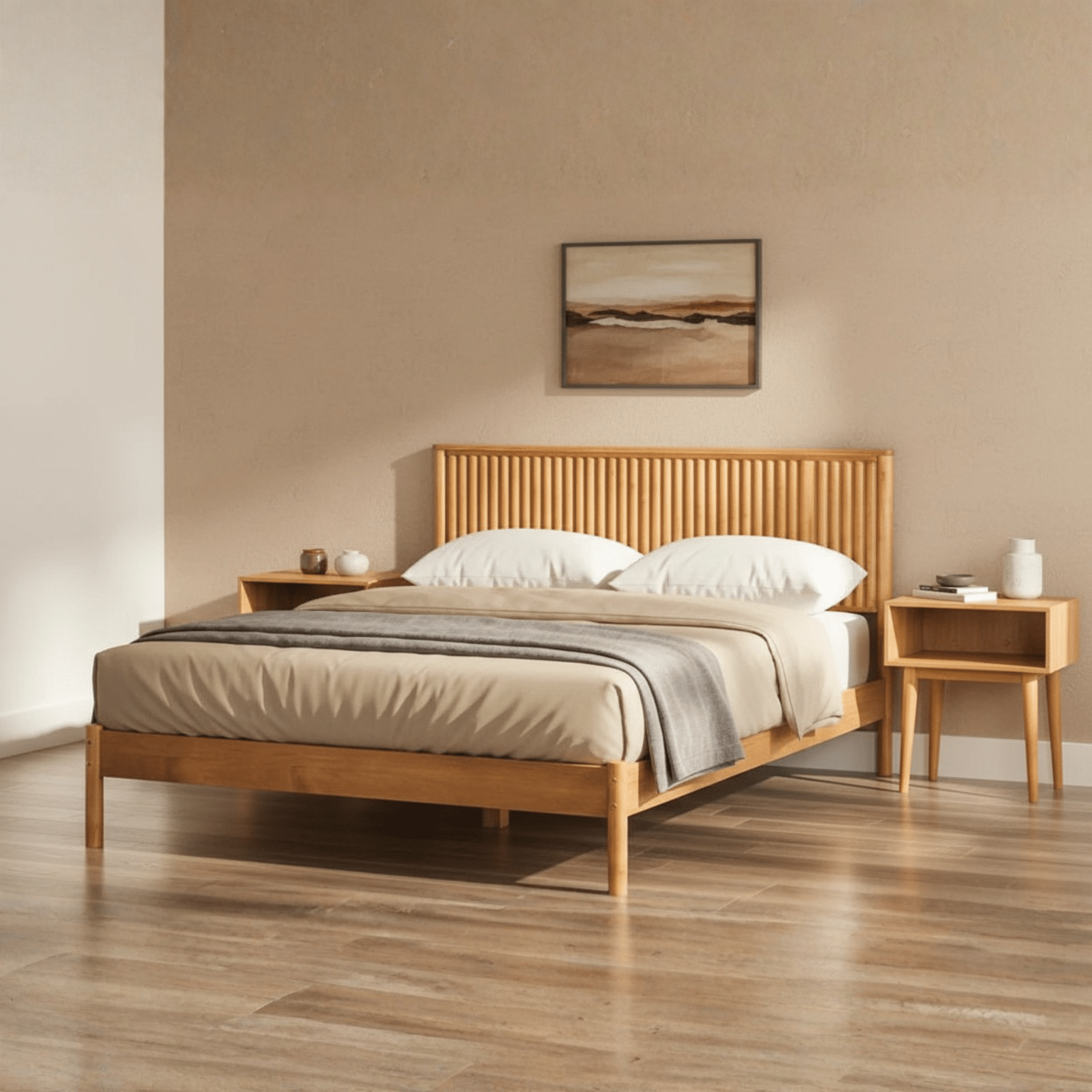 Natural teak wood bed with vertical slatted headboard styled in a modern Indian bedroom, available in king and queen size