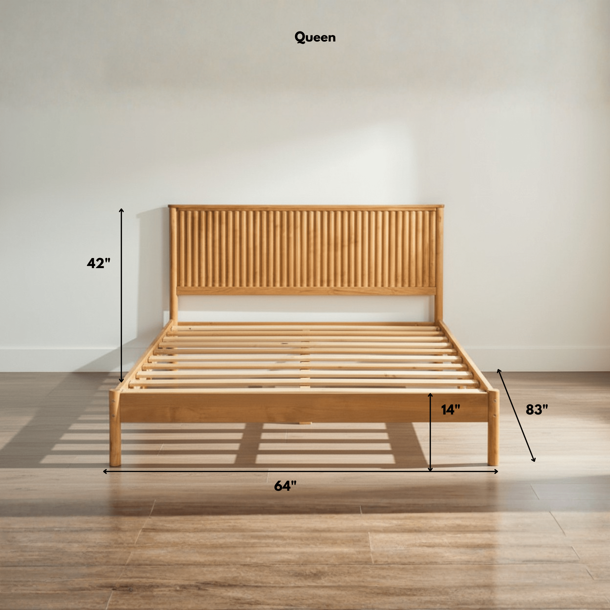 Queen size teak wood bed dimensions showing frame measurements and structure