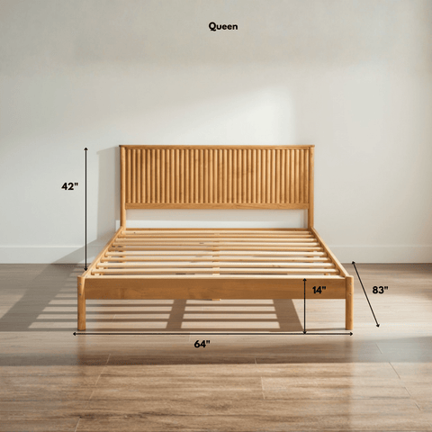 Queen size teak wood bed dimensions showing frame measurements and structure