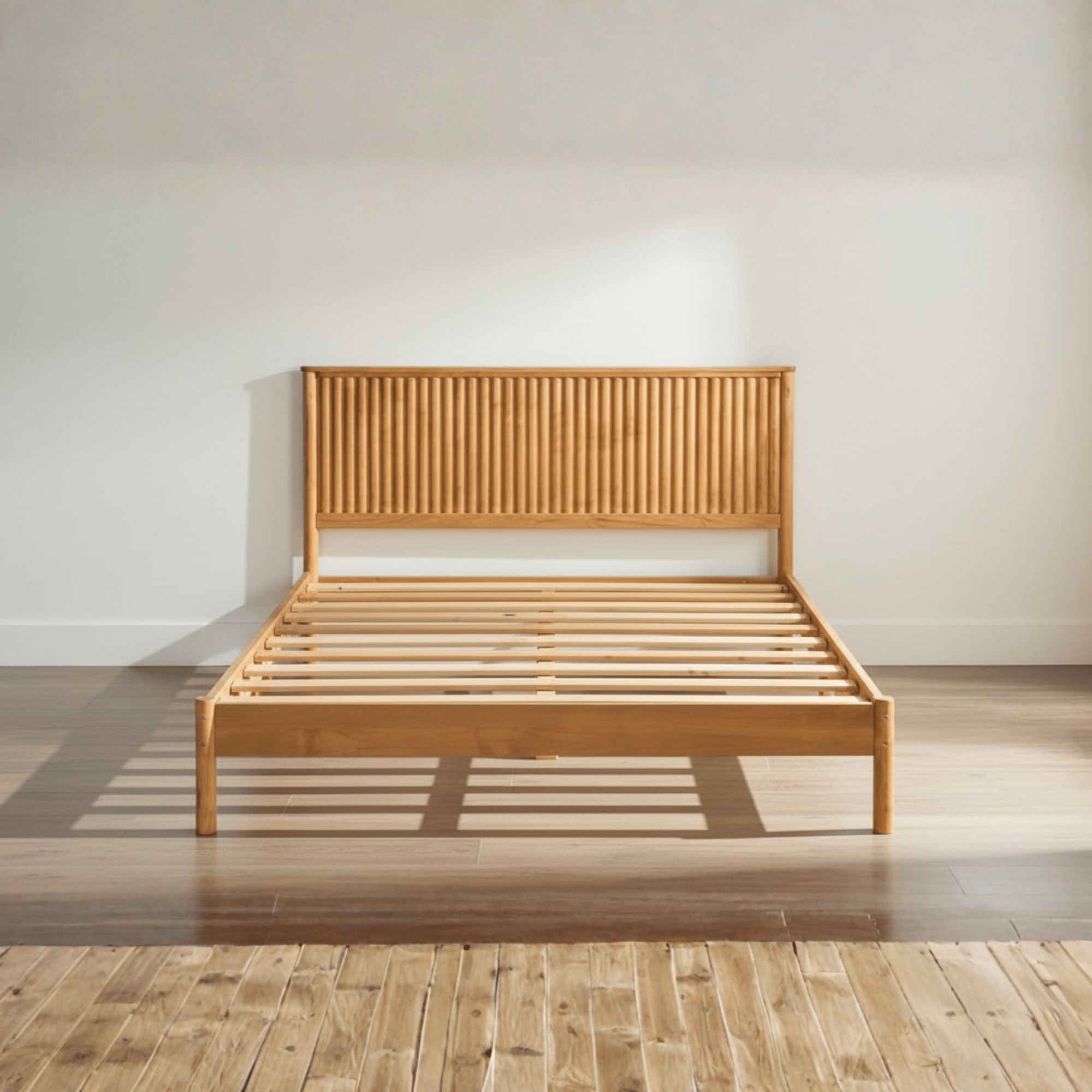 Solid teak wood bed frame with slatted base support for mattress