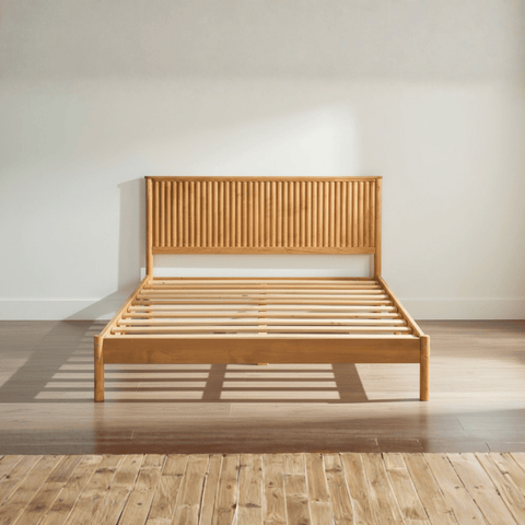 Solid teak wood bed frame with slatted base support for mattress