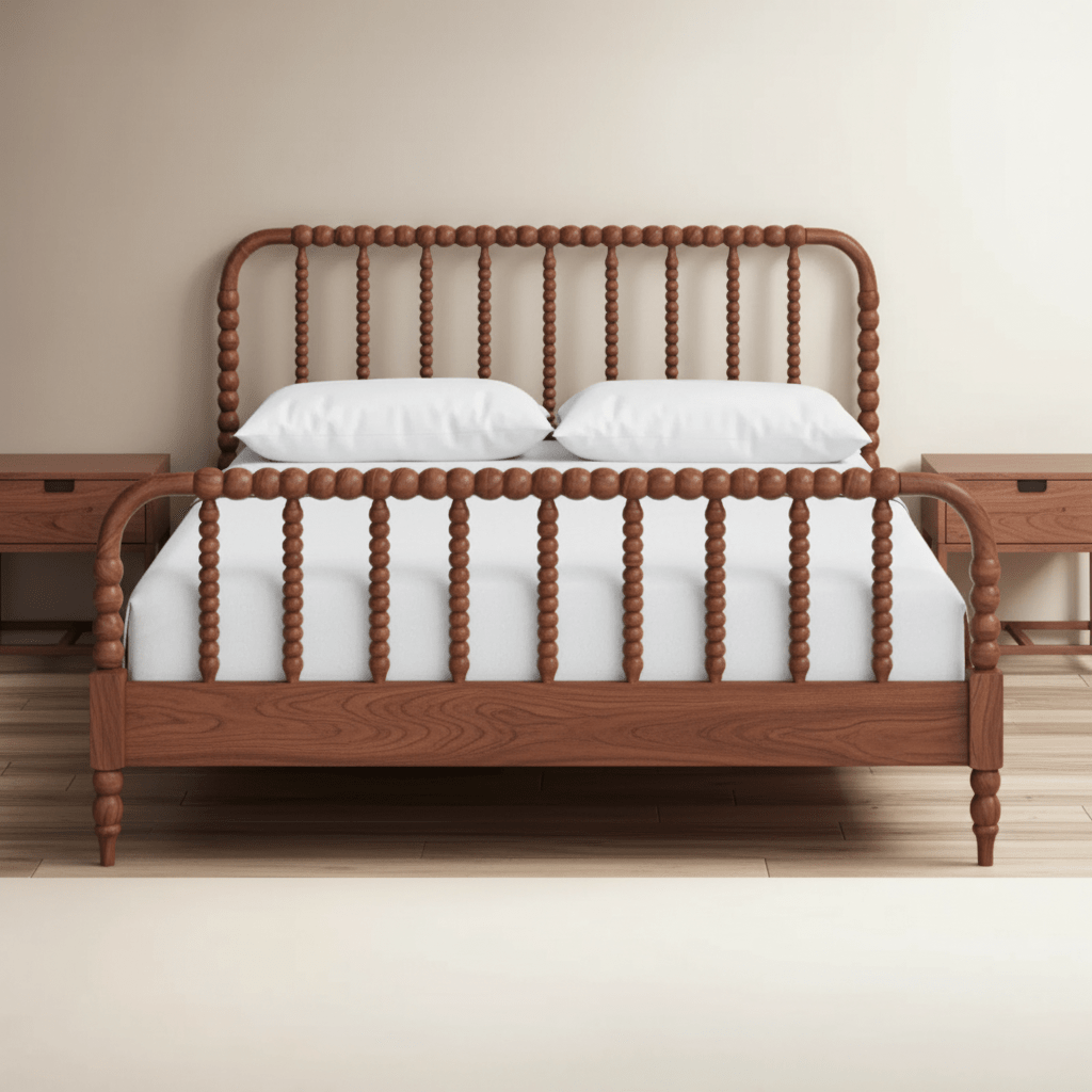 Wooden bed with white bedding in a bedroom setting