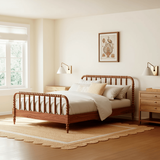 Solid teak wood spindle bed with footboard in dark teak finish