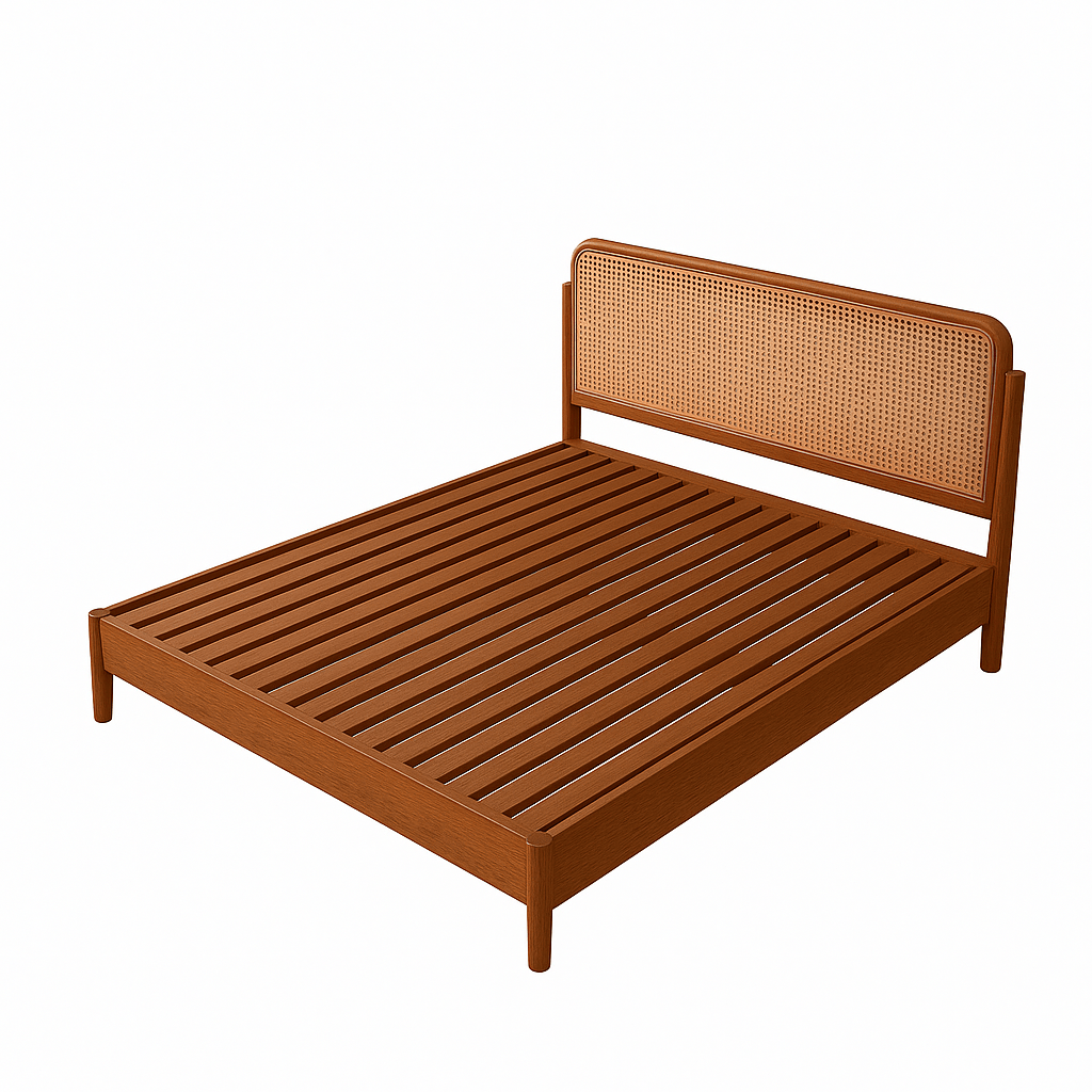 Wooden bed frame with woven headboard on a white background
