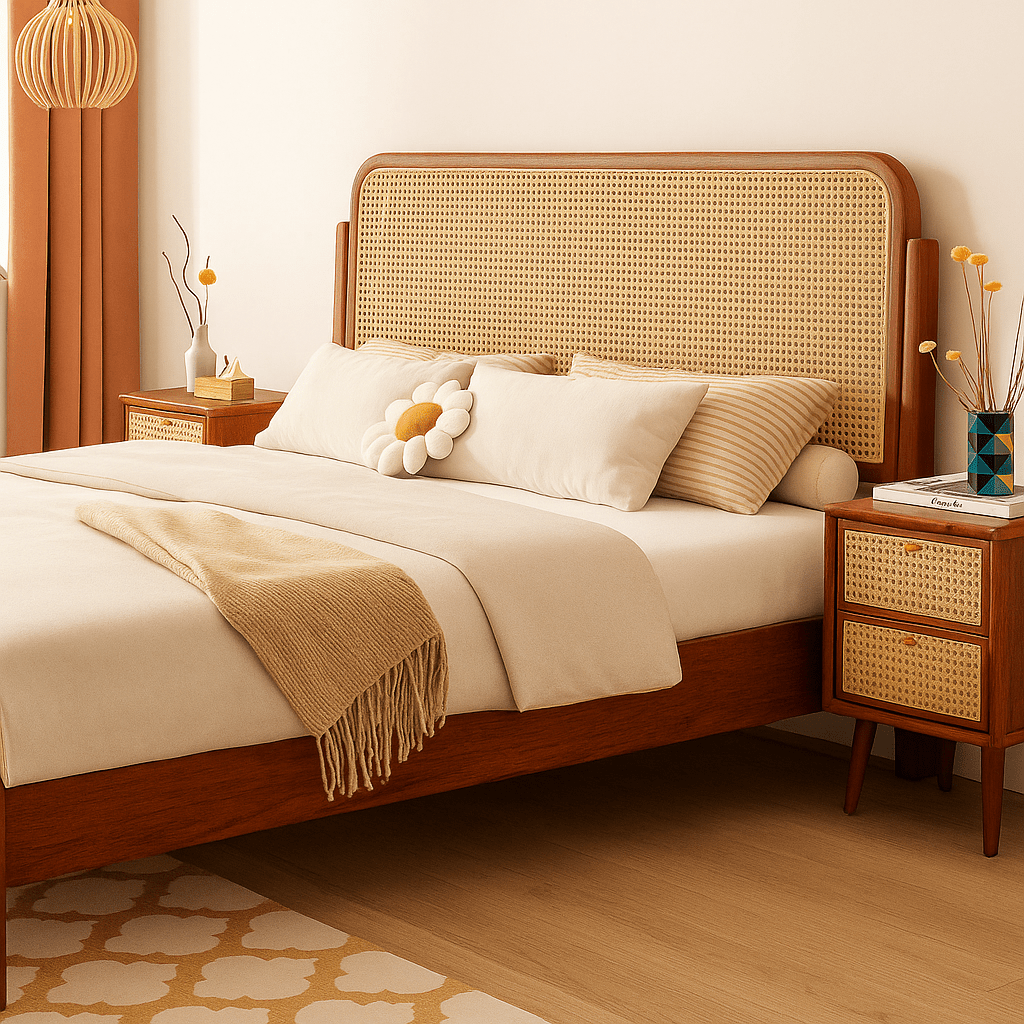 Bedroom with wooden bed and nightstands featuring wicker accents.