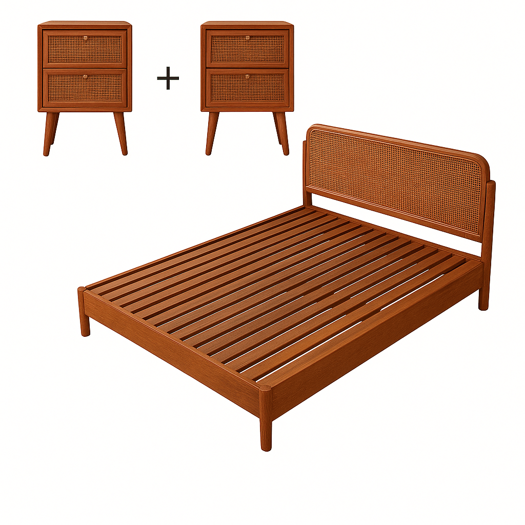 Wooden bed with two matching nightstands on a white background