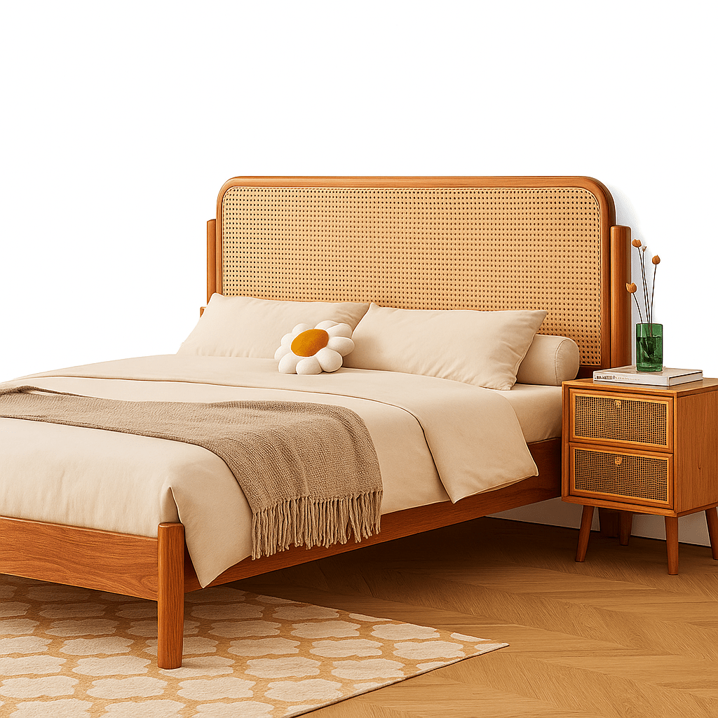 Wooden bed with wicker headboard and matching nightstand in a bedroom setting.