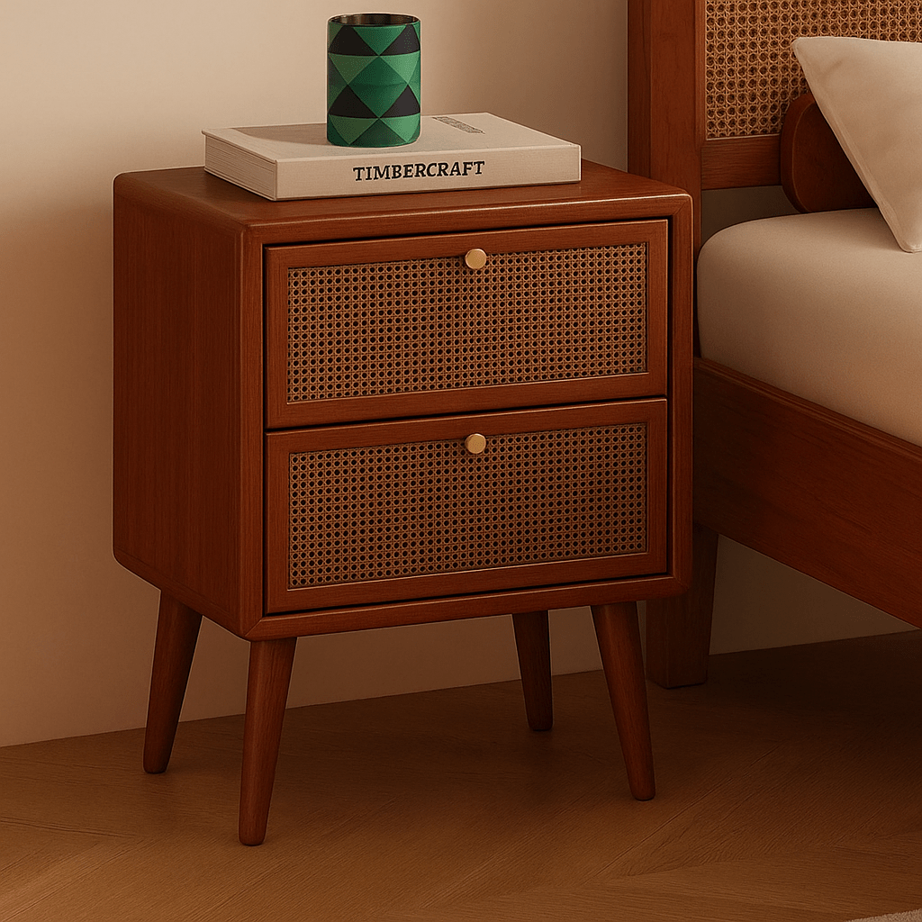 Wooden nightstand with wicker drawers next to a bed