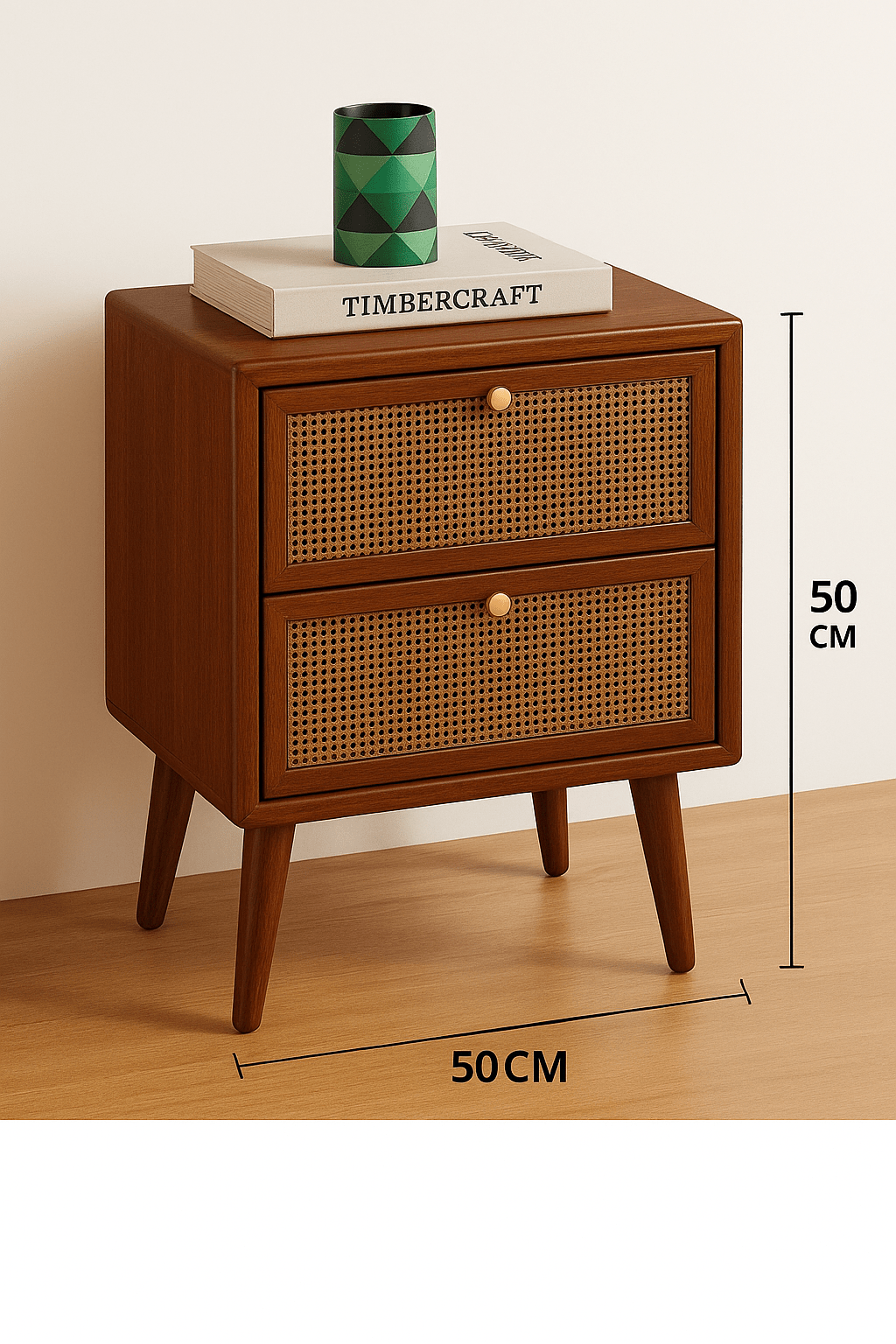 Wooden side table with wicker drawers and a book and mug on top, with dimensions indicated.