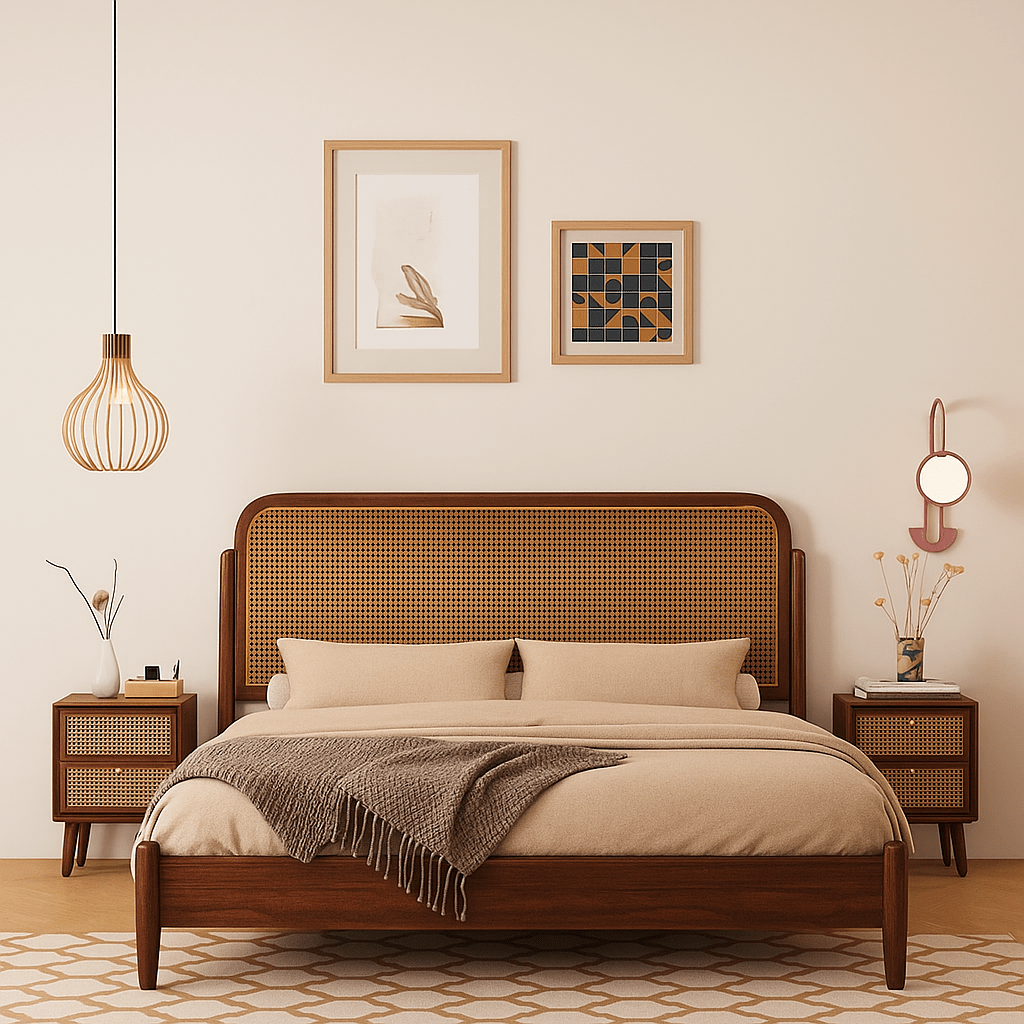 Bedroom with wooden bed, nightstands, and wall art