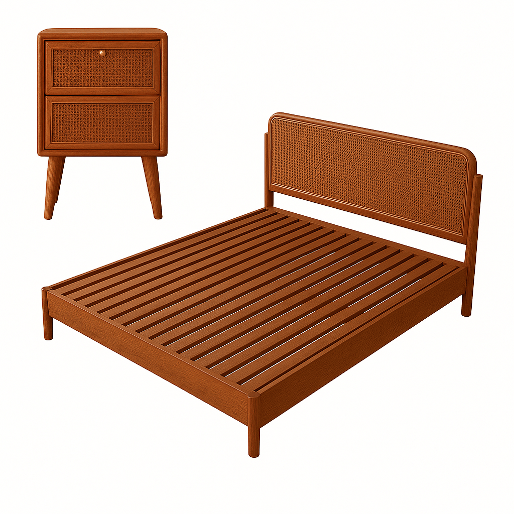 Wooden bed and nightstand with wicker design on a white background