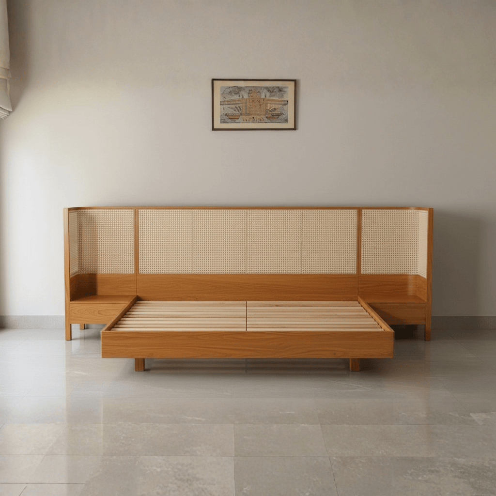 Teak wood bed frame with wooden mattress support slats and woven rattan headboard
