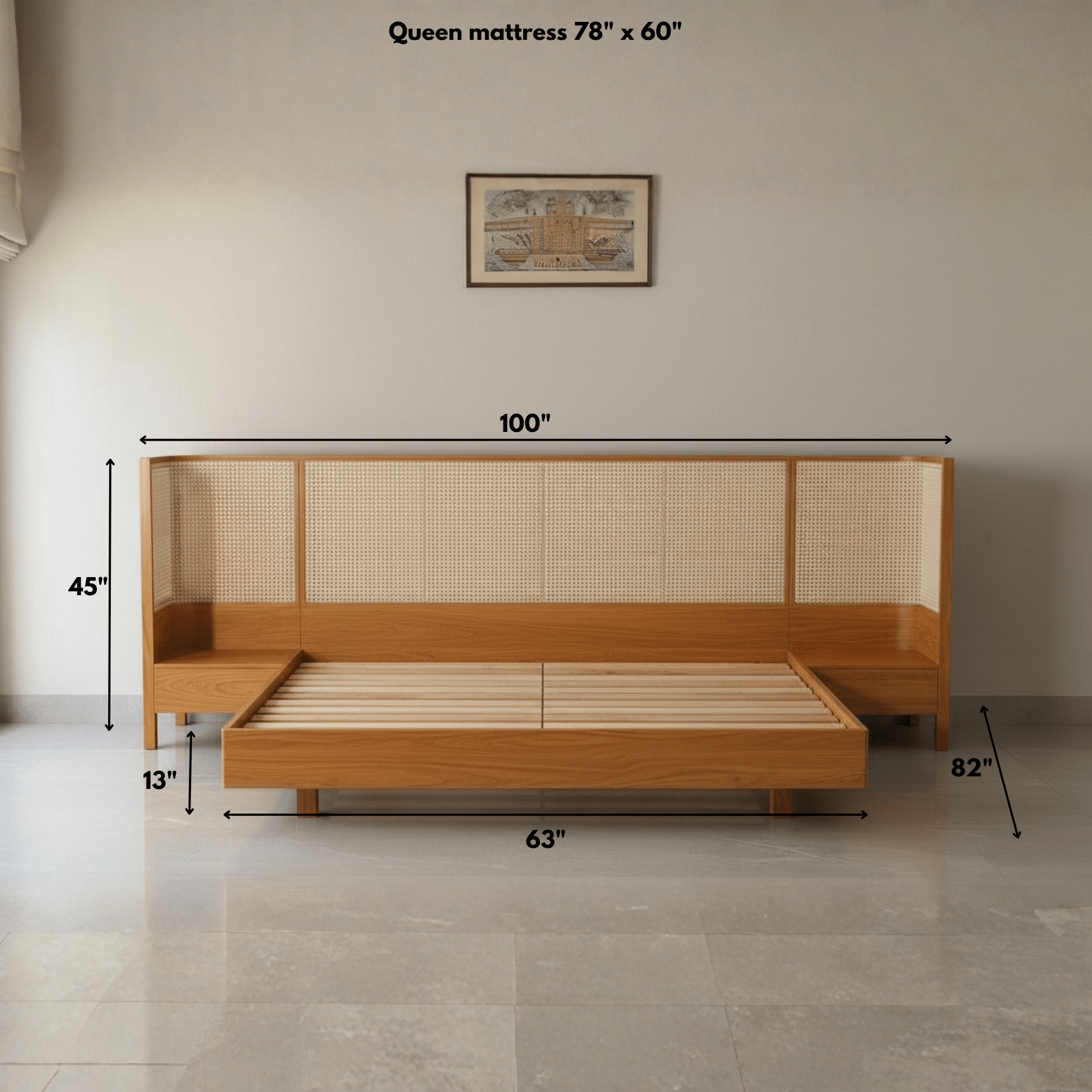 Queen size teak wood rattan bed dimensions for 78x60 mattress