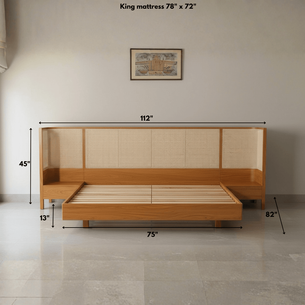 King size teak wood rattan bed dimensions for 78x72 mattress