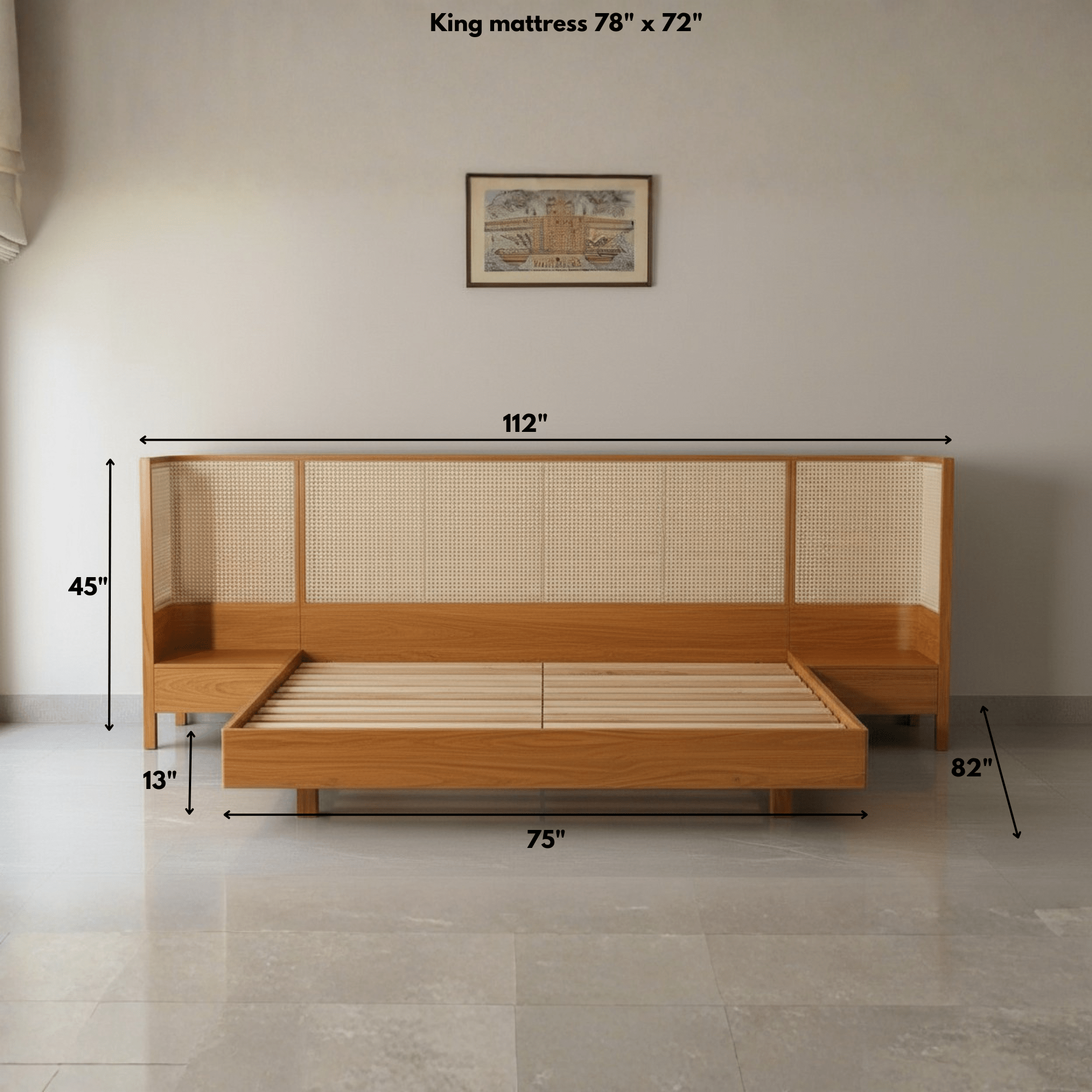 King size teak wood rattan bed dimensions for 78x72 mattress