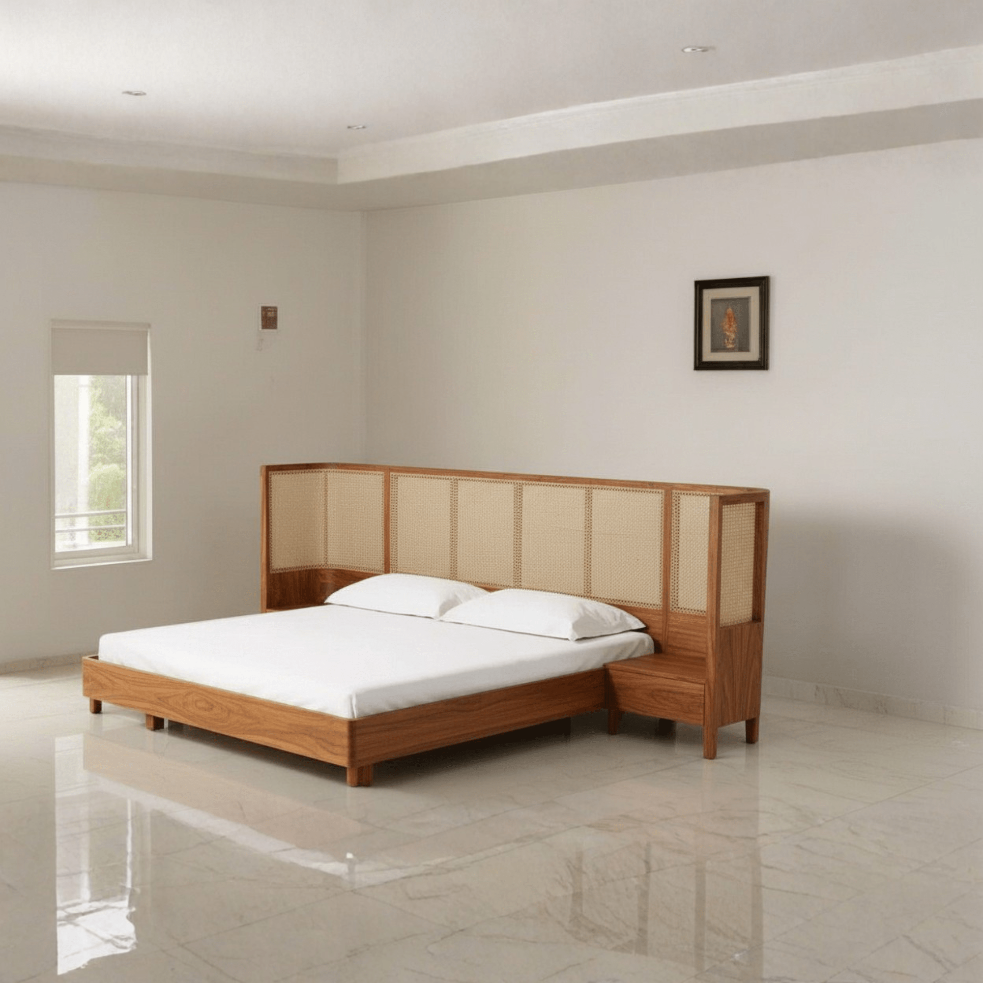 Premium teak wood rattan bed with wraparound headboard in modern Indian bedroom