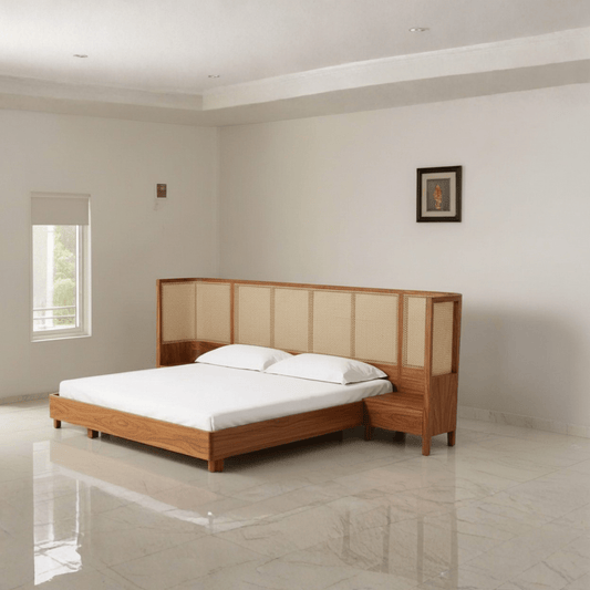 Premium teak wood rattan bed with wraparound headboard in modern Indian bedroom