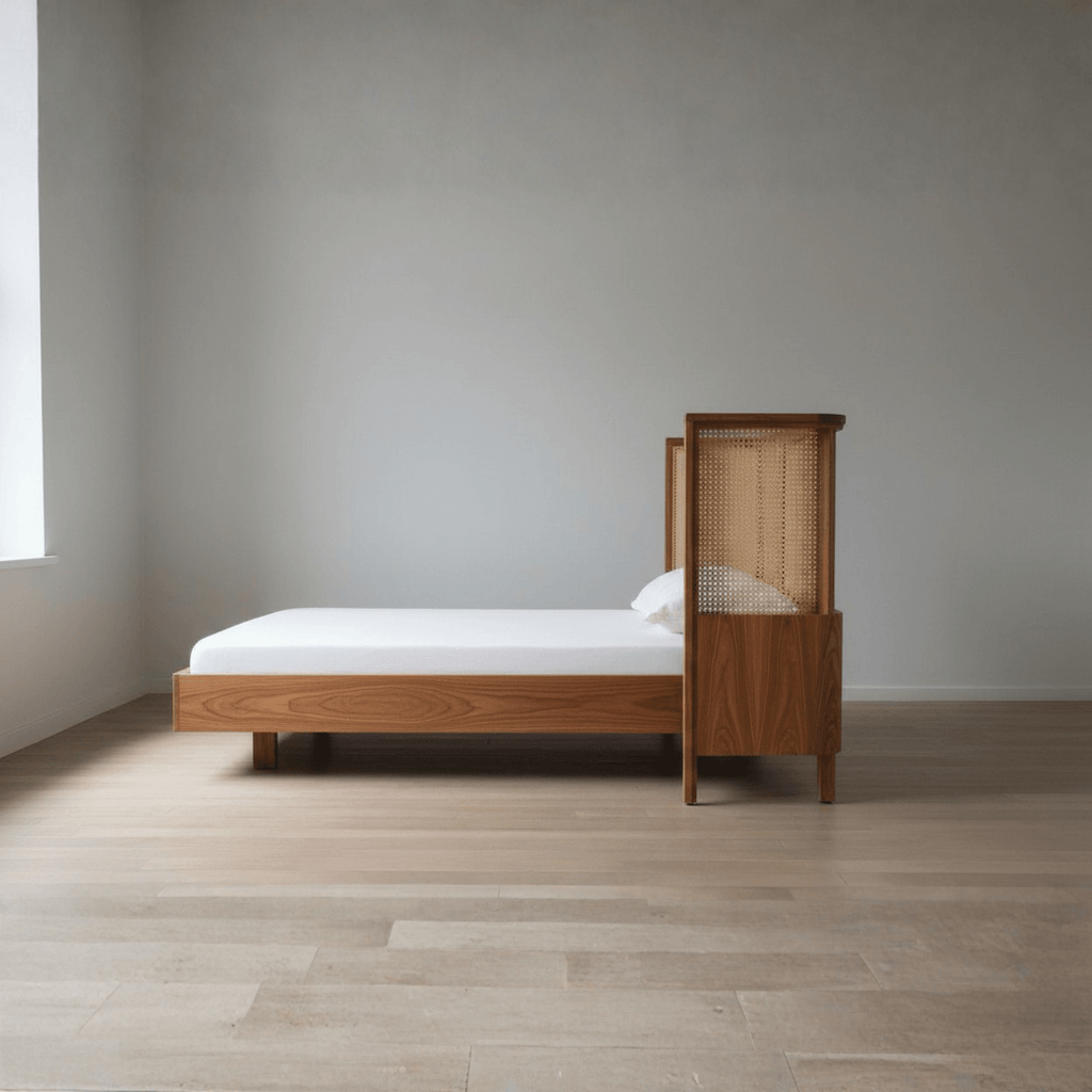 Side view of teak wood rattan bed with integrated side headboard panels