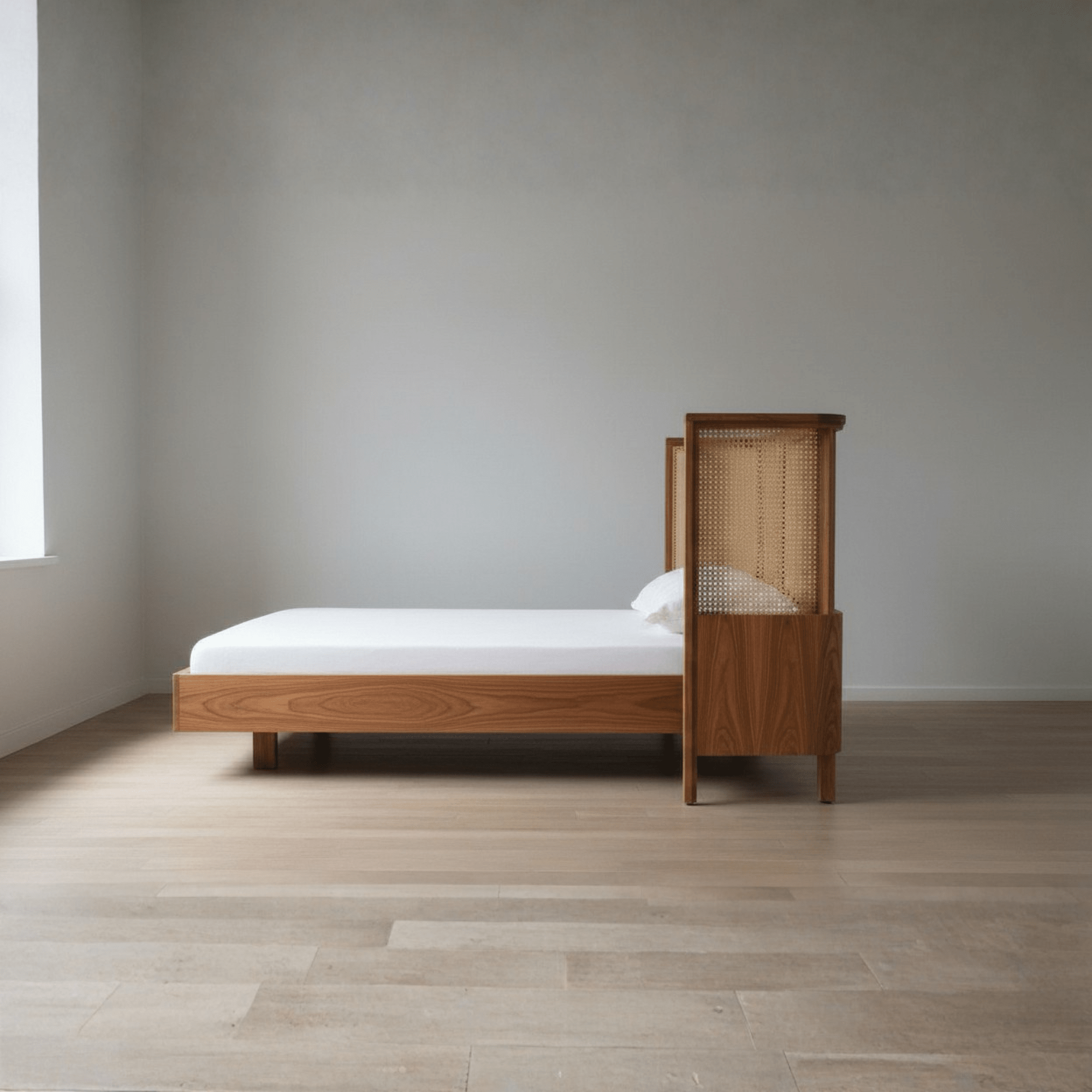 Side view of teak wood rattan bed with integrated side headboard panels