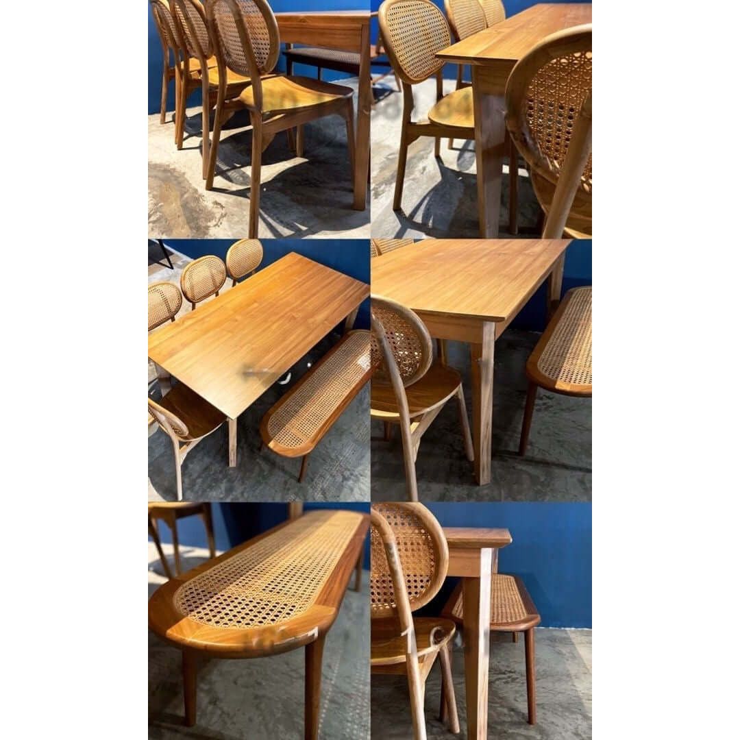 Teak Wood Dining Table Set, featuring five natural rattan chairs and a long rattan bench