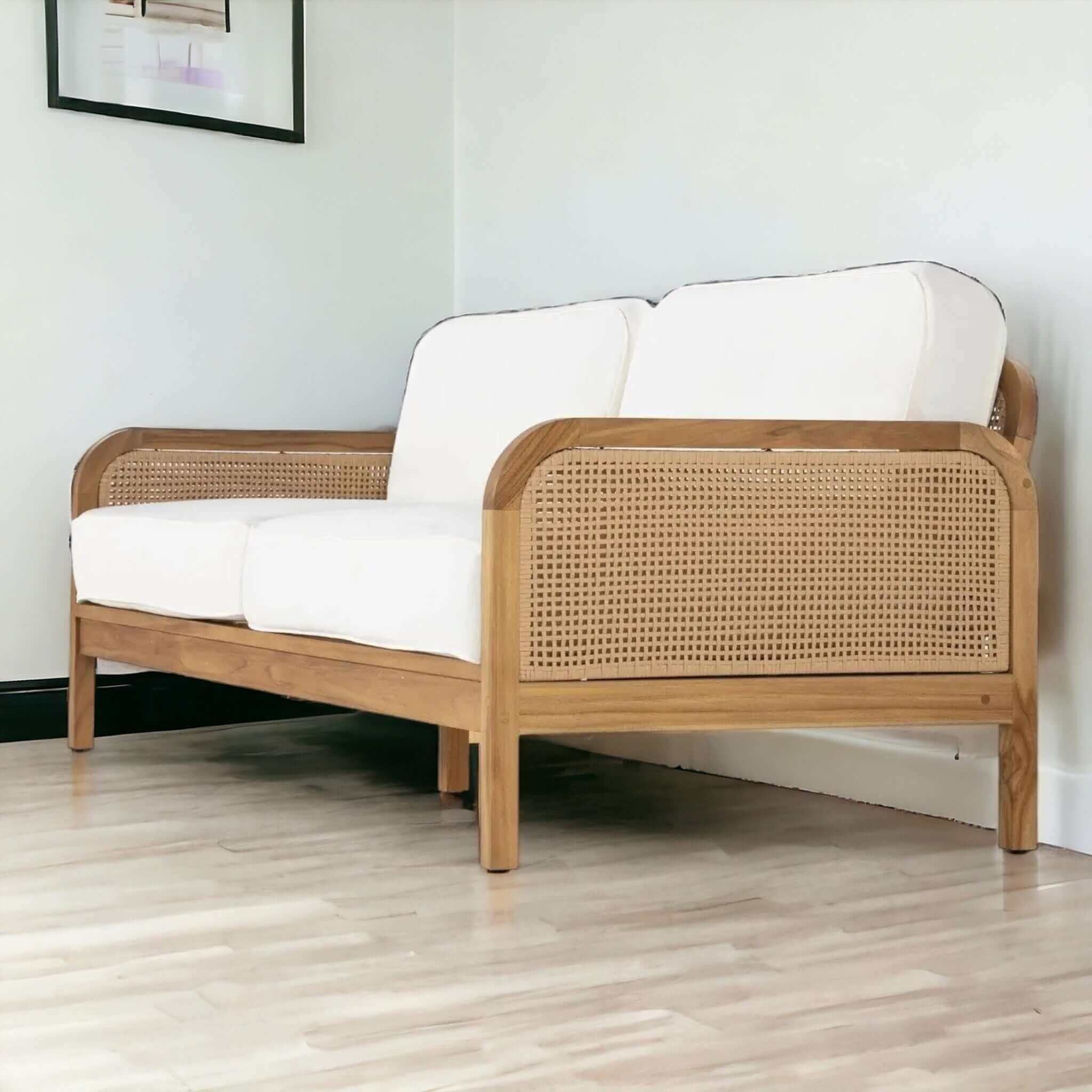 Modern Rattan Sofa: Teak Frame & Woven Panels (Shop Now)