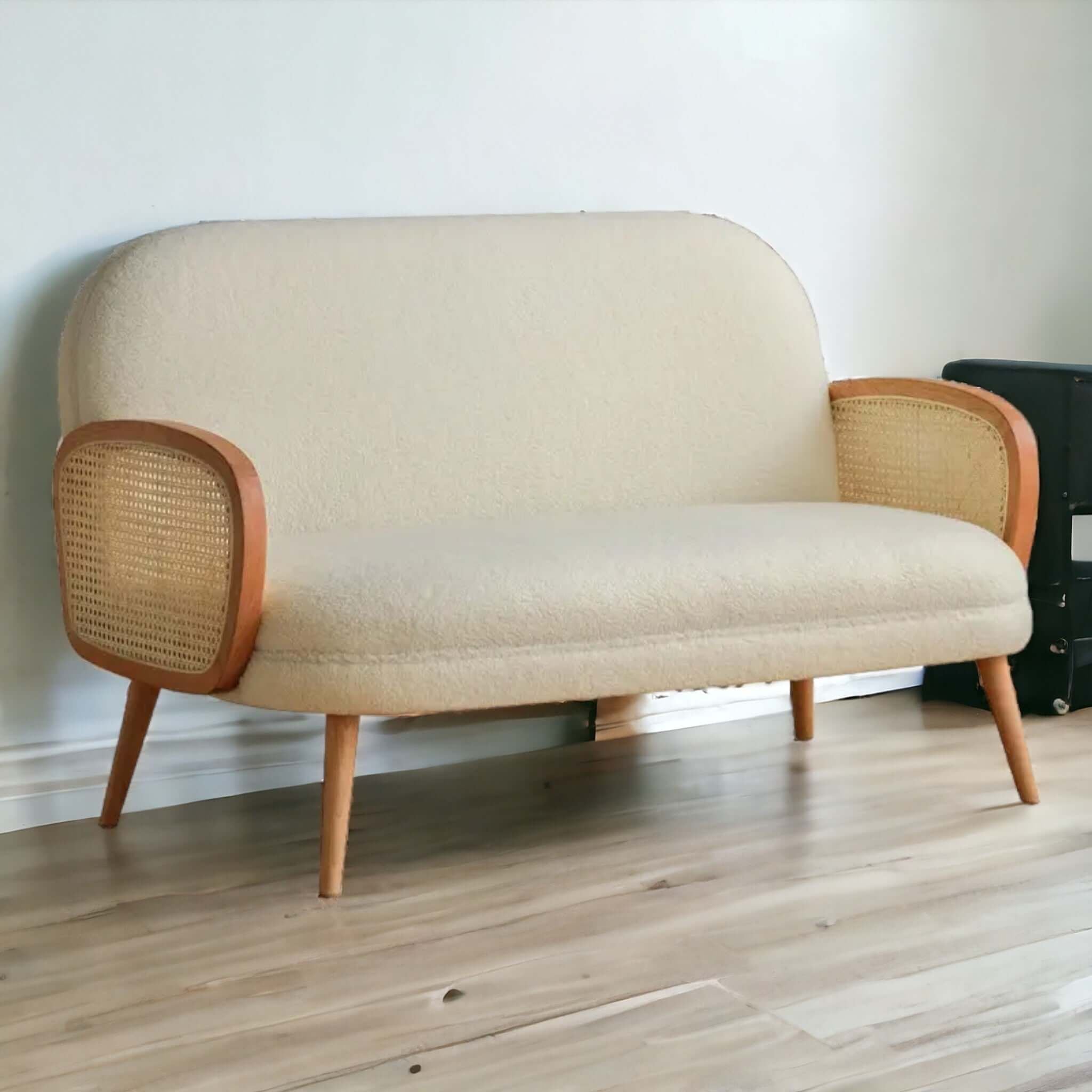 Modern Mini Sofa: Rattan Arms & Teak Frame