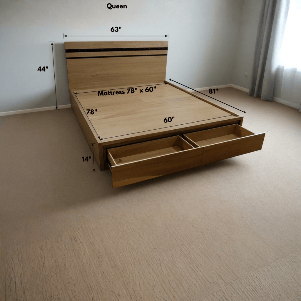 Queen size wooden storage bed with drawers, teak wood bed frame with 78 x 60 inch mattress size, minimalist bedroom interior