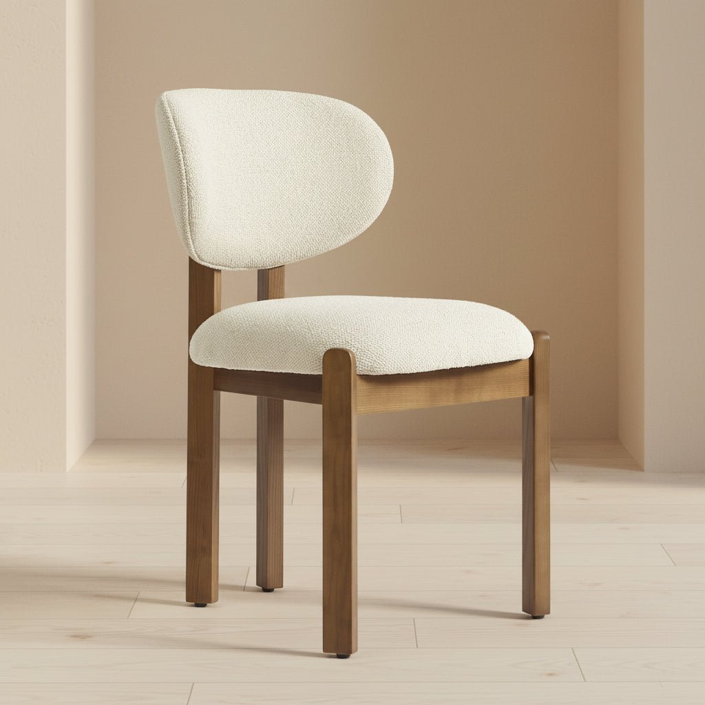 solid teak dining chair with rounded upholstered backrest and cushioned seat
