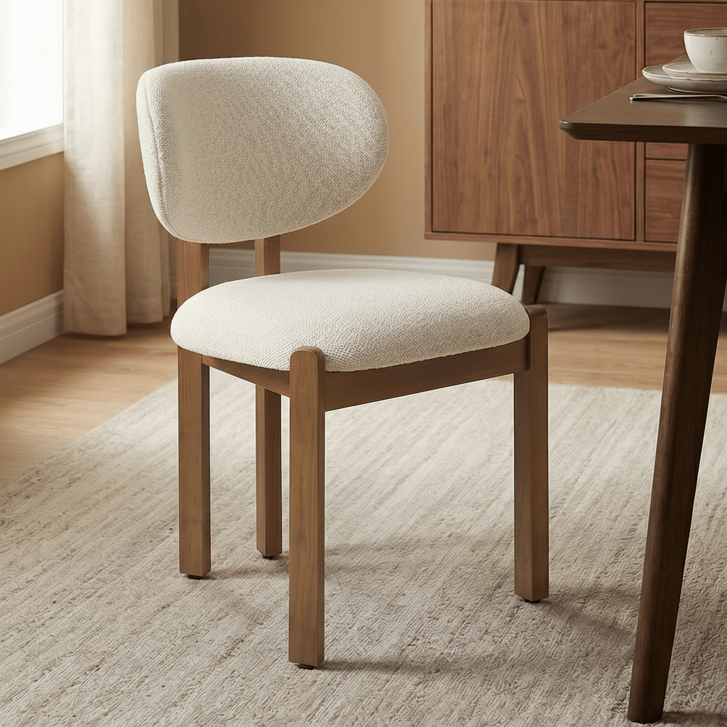  solid teak dining chair with rounded upholstered backrest and cushioned seat