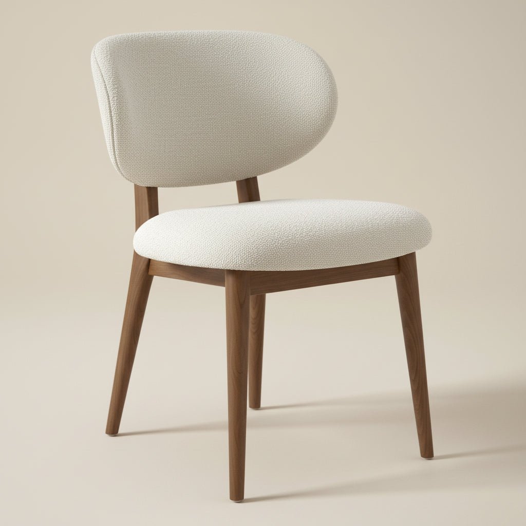 solid teak dining chair with rounded upholstered backrest and cushioned seat