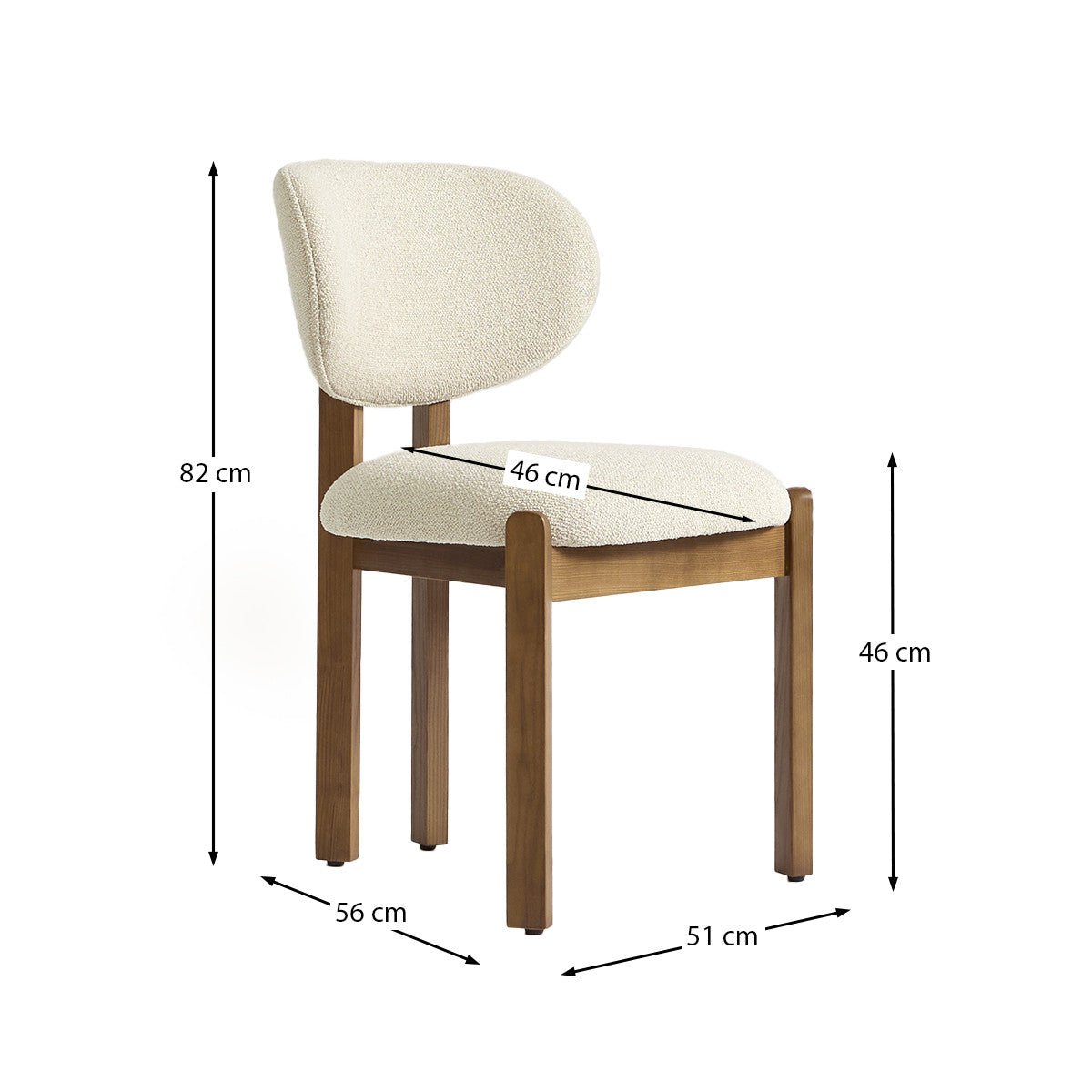 Wabi solid teak dining chair with rounded upholstered backrest and cushioned seat