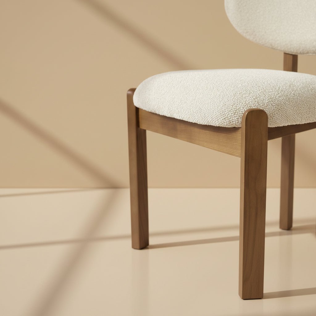 solid teak dining chair with rounded upholstered backrest and cushioned seat