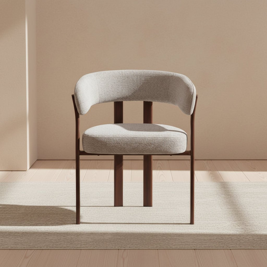 wraparound solid teak dining chair with curved upholstered back and cushioned seat