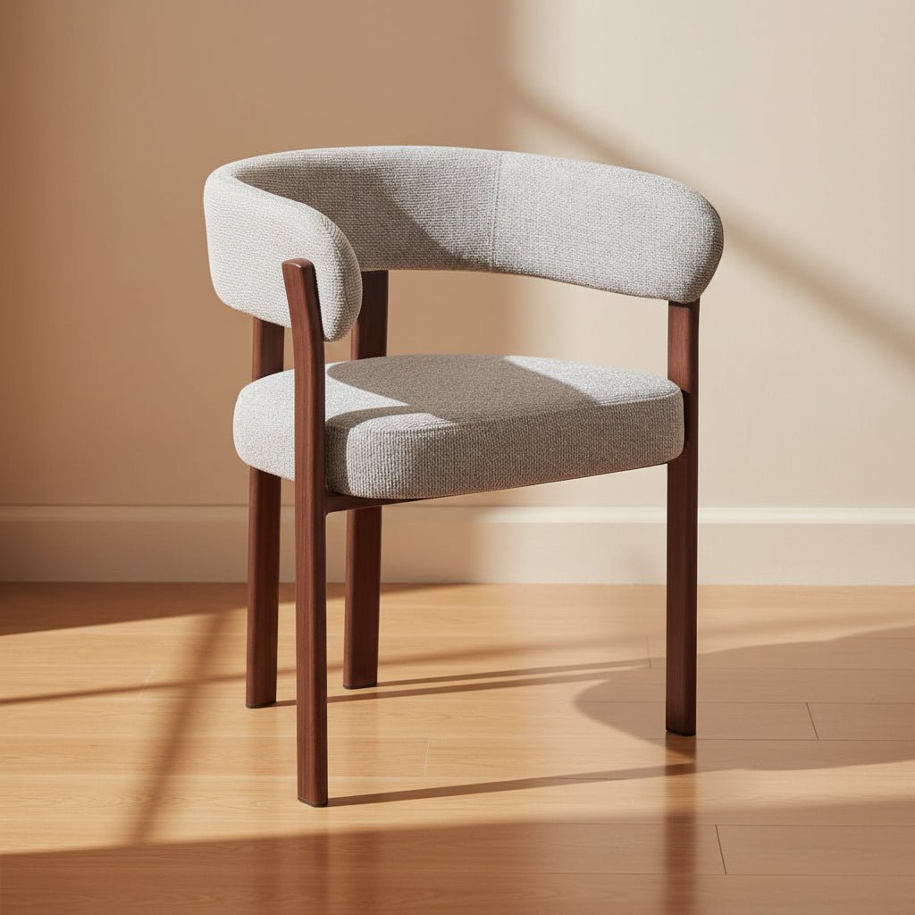 wraparound solid teak dining chair with curved upholstered back and cushioned seat