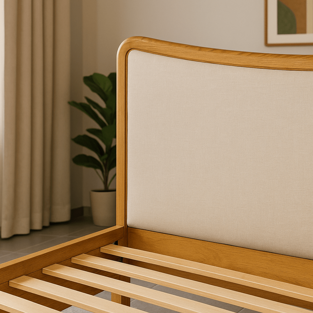 Solid Teak Wood Bed with Upholstered Headboard – King & Queen Sizes - TimberCraft