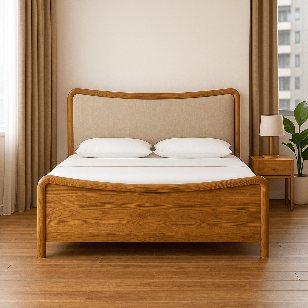 Solid Teak Wood Bed with Upholstered Headboard | Durable – TimberCraft